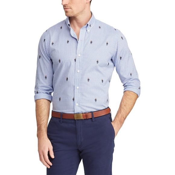 Polo Ralph Lauren Men's Polo Bear Gingham Cotton Shirt Sz L Slim Fit Embroidered - Picture 2 of 11